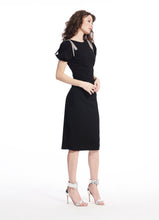 Load image into Gallery viewer, Crystal Bow Shoulder Stretch Crepe Midi Dress
