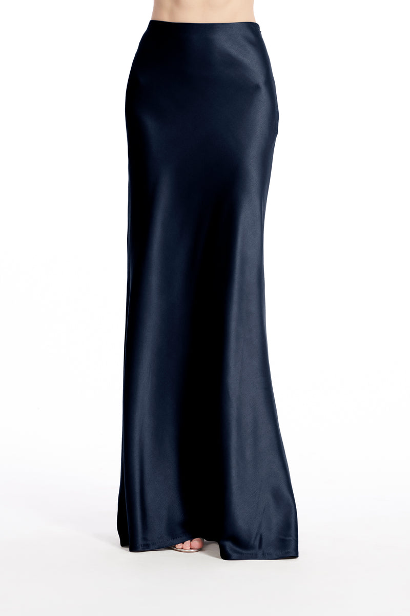 STRETCH SATIN BIAS LONG A-LINE SKIRT NAVY