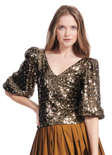 Load image into Gallery viewer, Square Sequin with Jewel Blouson Sleeve Stretch Top
