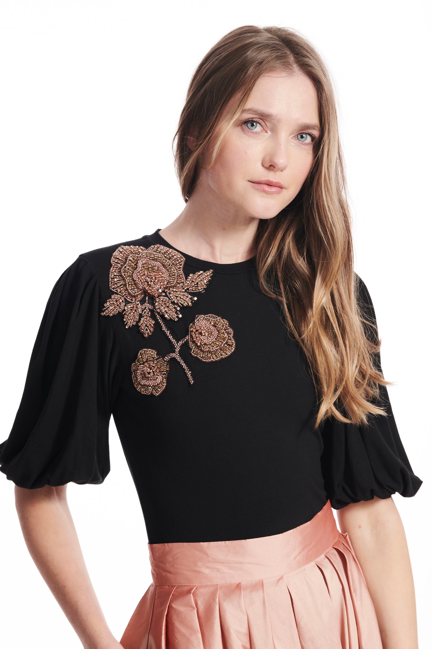 Floral Broach Luxe Jersey Top With Draped Sleeve