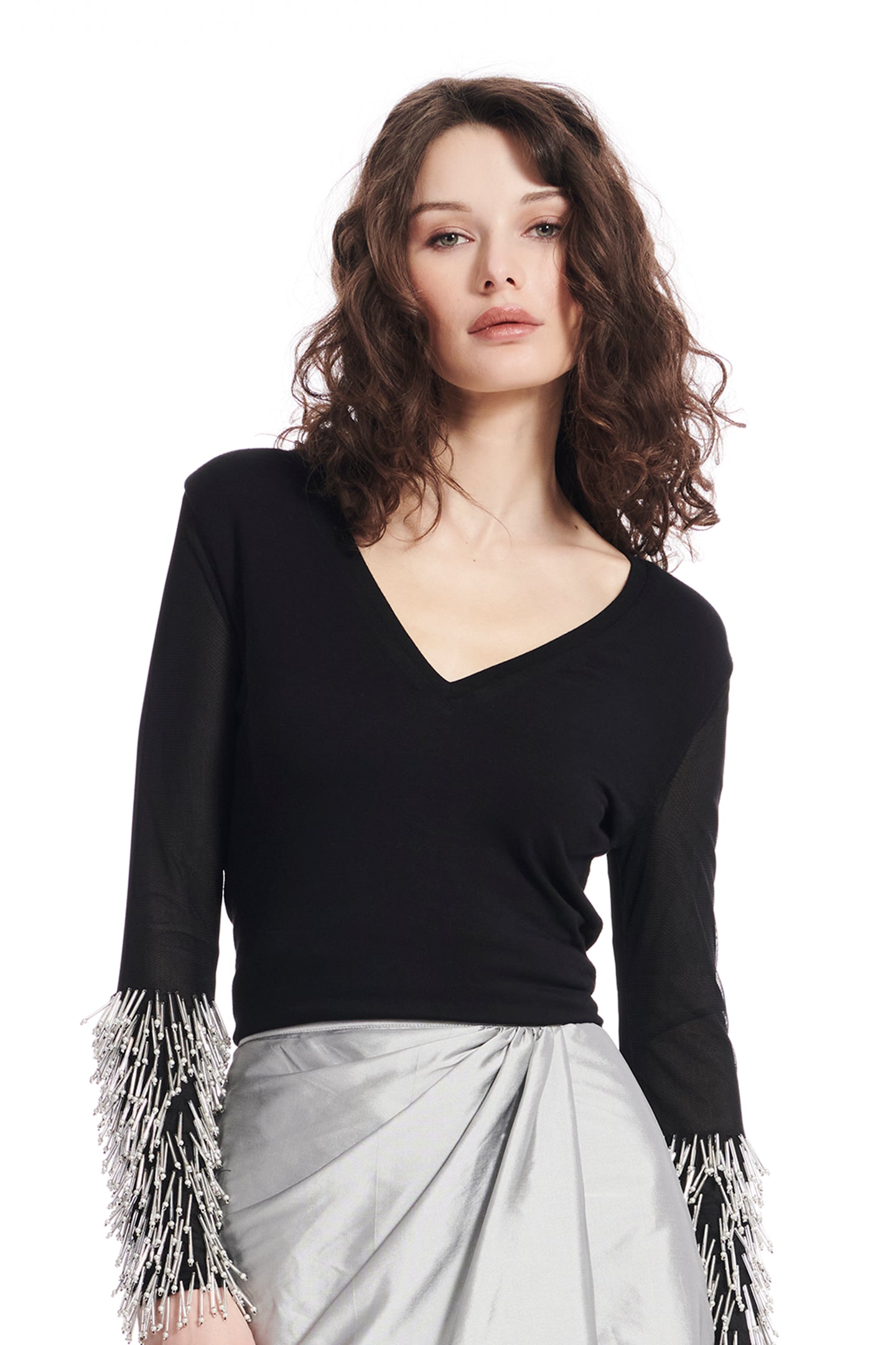 V-Neck Jersey Dangling Silver Pearl Sleeve Top