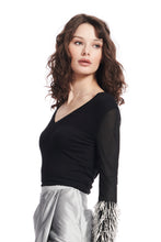 Load image into Gallery viewer, V-Neck Jersey Dangling Silver Pearl Sleeve Top
