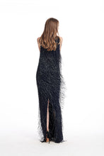 Load image into Gallery viewer, NAVY HAND BEADED FRINGE GOWN
