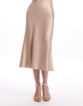 Load image into Gallery viewer, STRETCH SATIN MIDI A-LINE BIAS SKIRT BISQUE AND NAVY
