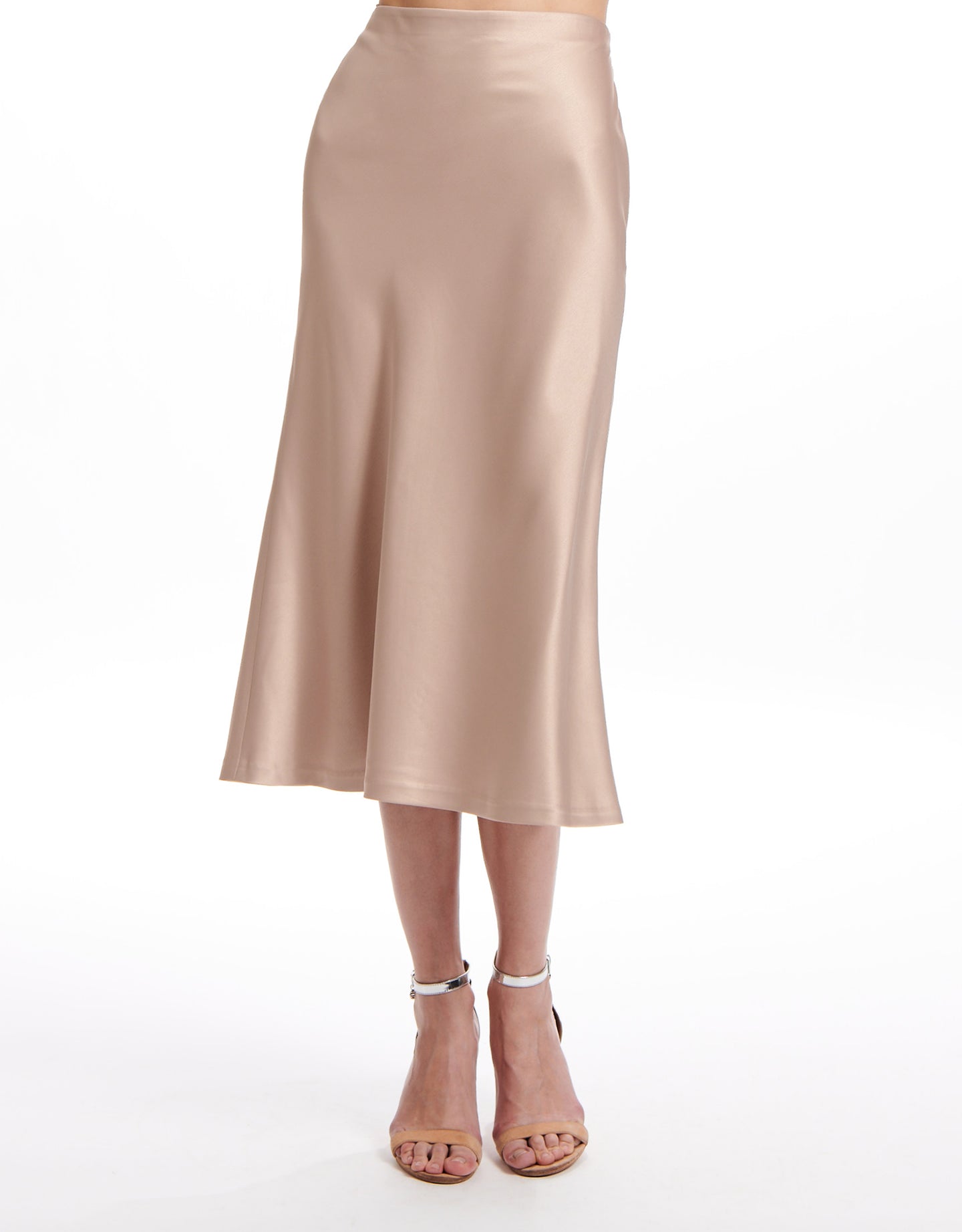 STRETCH SATIN MIDI A-LINE BIAS SKIRT BISQUE AND NAVY