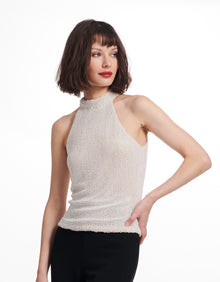 CHAMPAGNE PEARL ENCRUSTED SLEEVELESS MOCK NECK