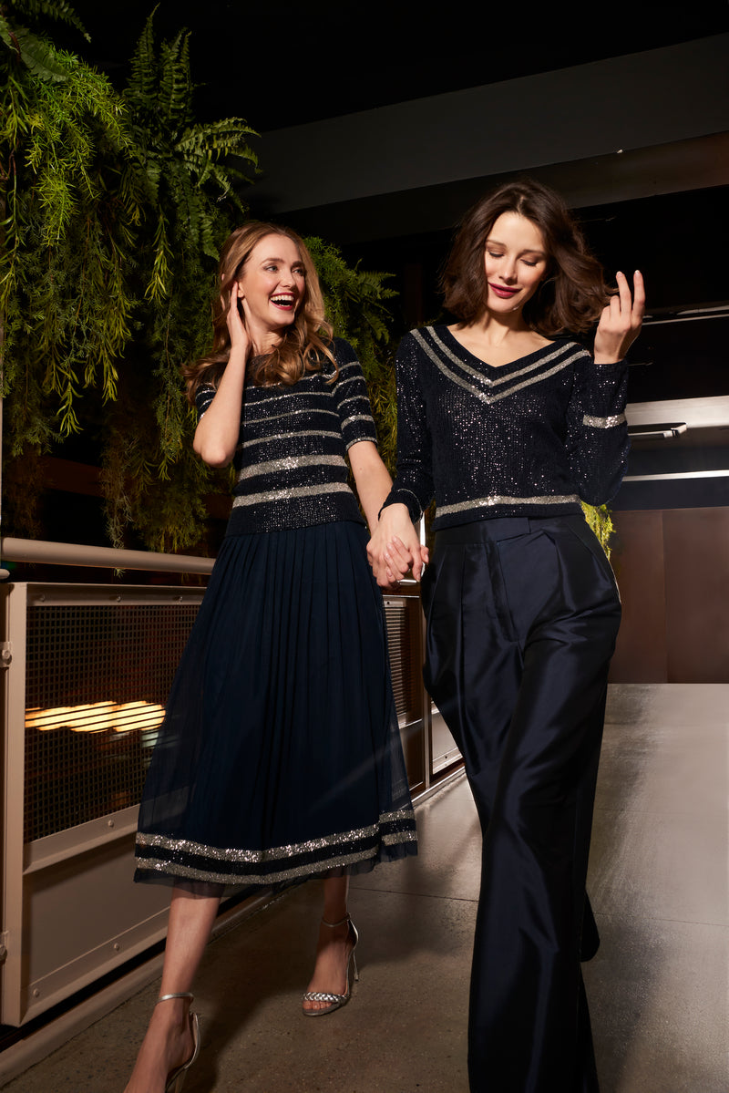 NAVY BEADED STRIPED PLEATED MESH MIDI SKIRT