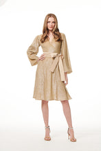 Load image into Gallery viewer, CHAMPAGNE SEQUIN FAUX WRAP MIDI DRESS
