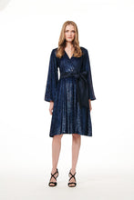 Load image into Gallery viewer, NAVY SEQUIN FAUX WRAP MIDI DRESS
