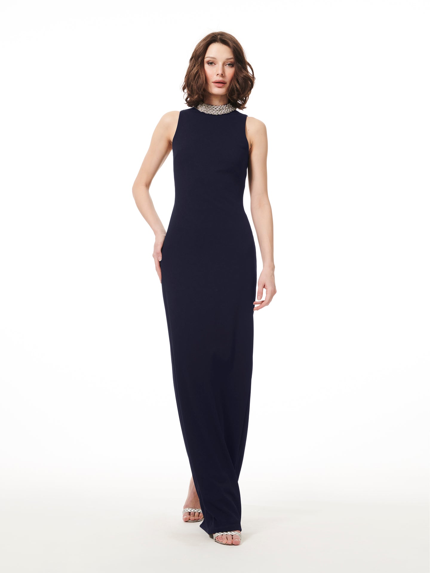 BRAIDED NECK STRETCH CREPE GOWN