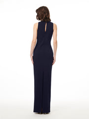 BRAIDED NECK STRETCH CREPE GOWN BLACK