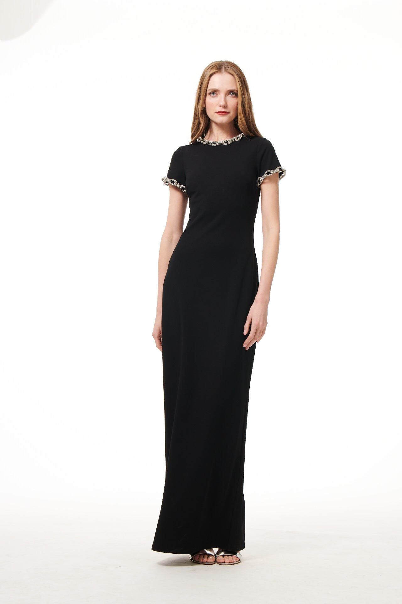 STRETCH CREPE GOWN WITH CRYSTAL CHAINS