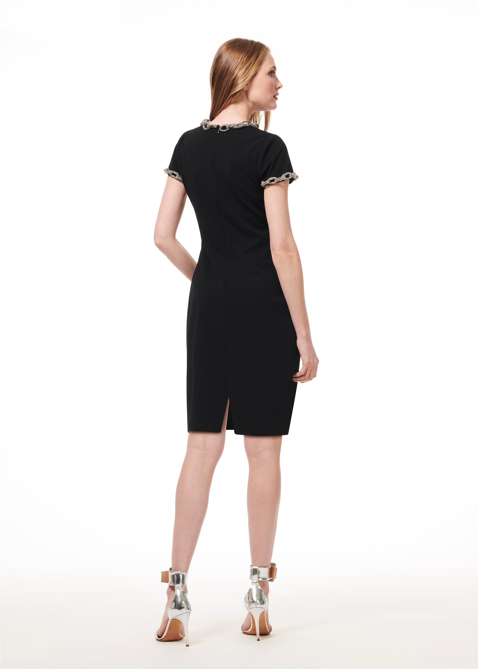 STRETCH CREPE MINI DRESS WITH CRYSTAL CHAINS