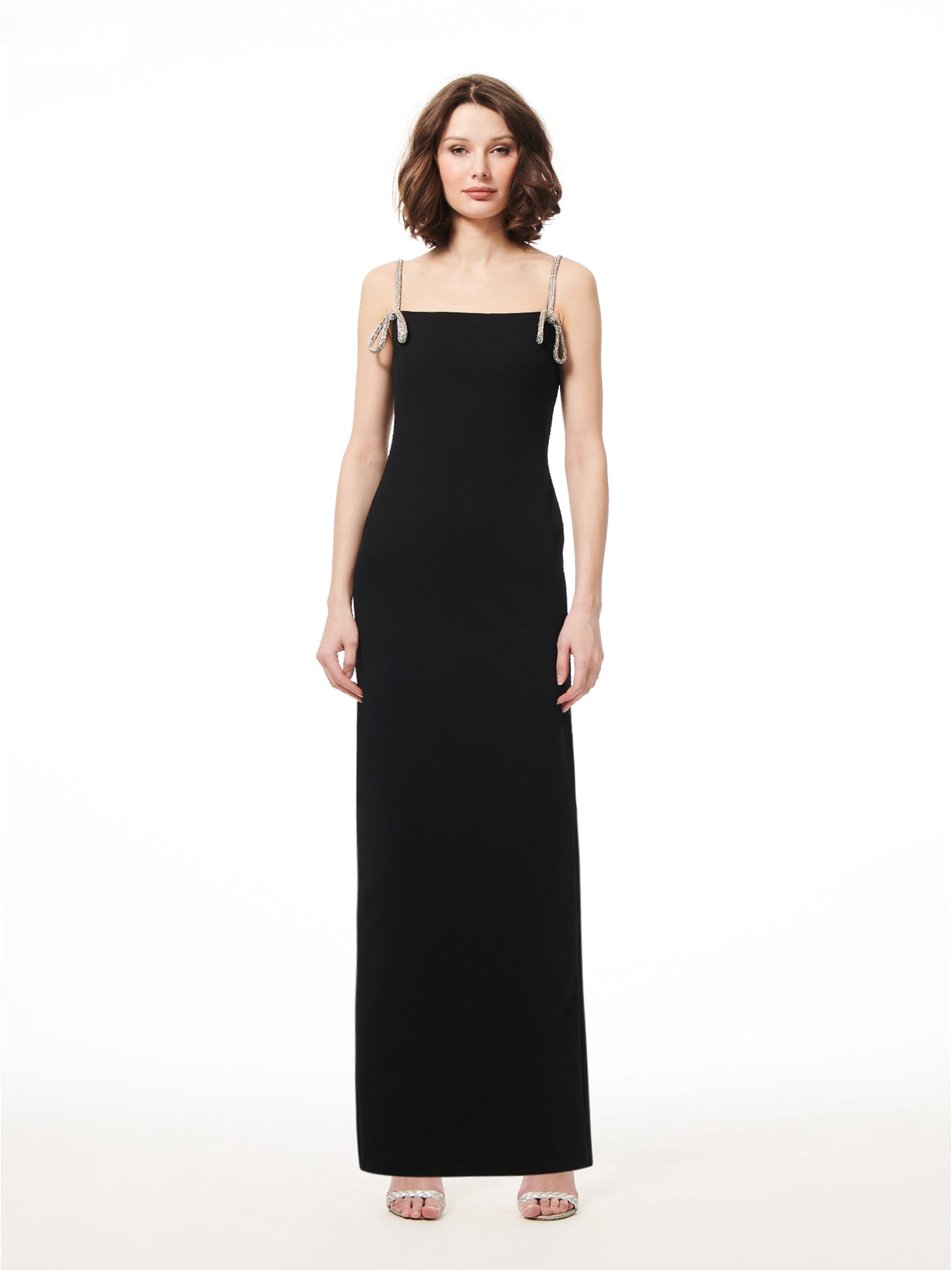 BLACK STRETCH CREPE GOWN WITH CRYSTAL BOWS