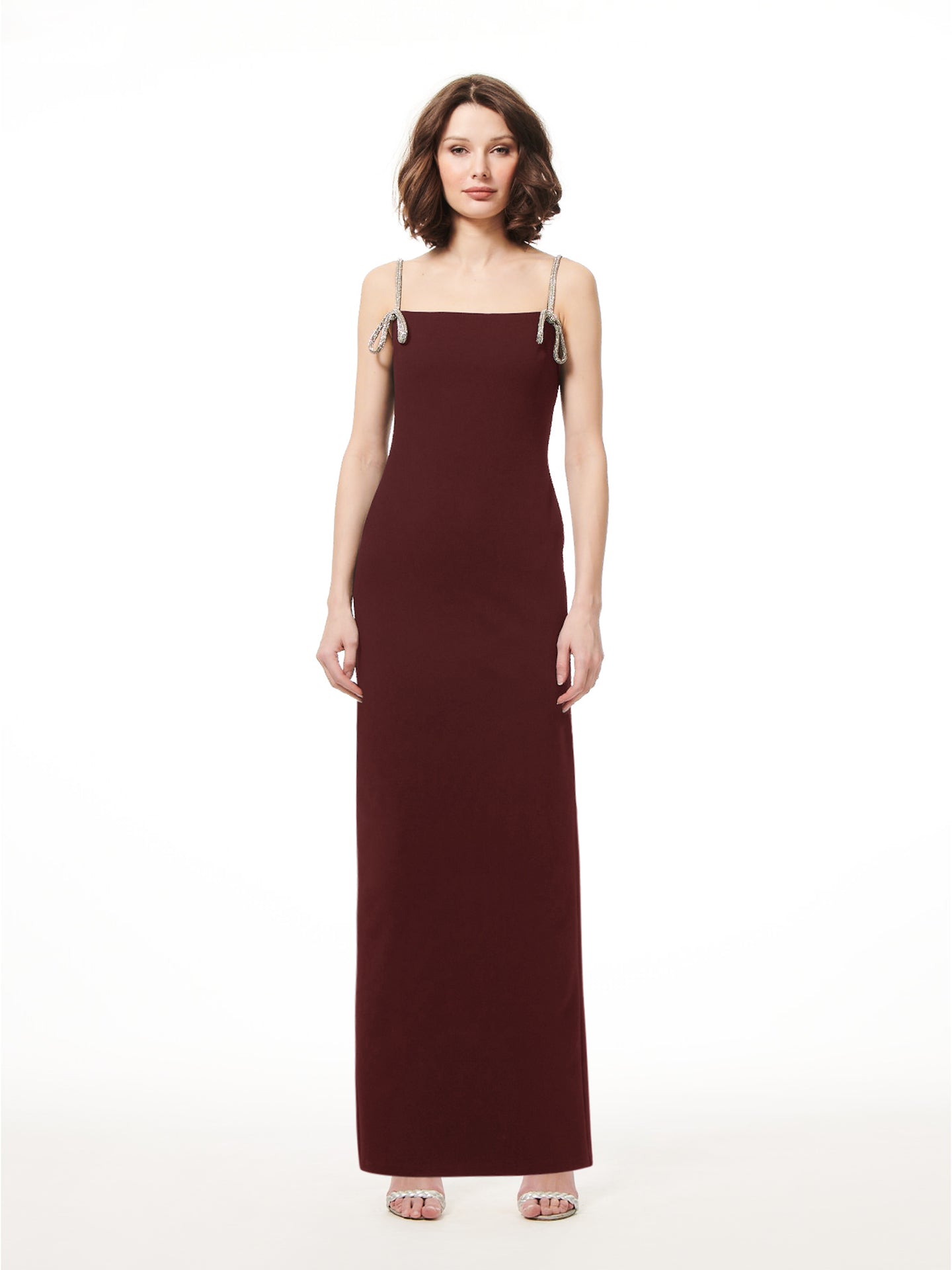 MERLOT STRETCH CREPE GOWN WITH CRYSTAL BOWS
