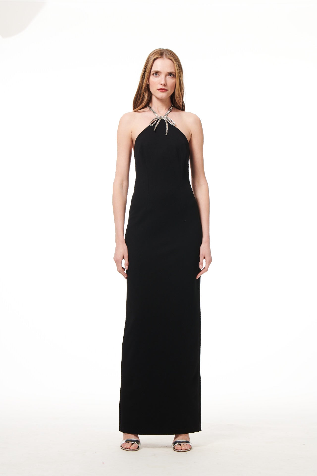 STRETCH CREPE HALTER GOWN WITH JEWELD TIE