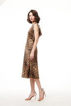 Load image into Gallery viewer, ANIMAL PRINT STRETCH SATIN COWL MIDI DRESS WITH JEWELED BOWS
