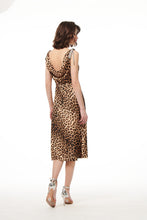 Load image into Gallery viewer, ANIMAL PRINT STRETCH SATIN COWL MIDI DRESS WITH JEWELED BOWS
