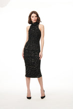 Load image into Gallery viewer, BLACK RUCHED MIDI DRESS WITH MINI SEQUINS
