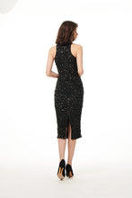 Load image into Gallery viewer, BLACK RUCHED MIDI DRESS WITH MINI SEQUINS

