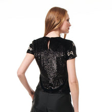 Load image into Gallery viewer, BLACK SHORT SLEEVE SEQUIN TEE WITH CRYSTAL BOWS
