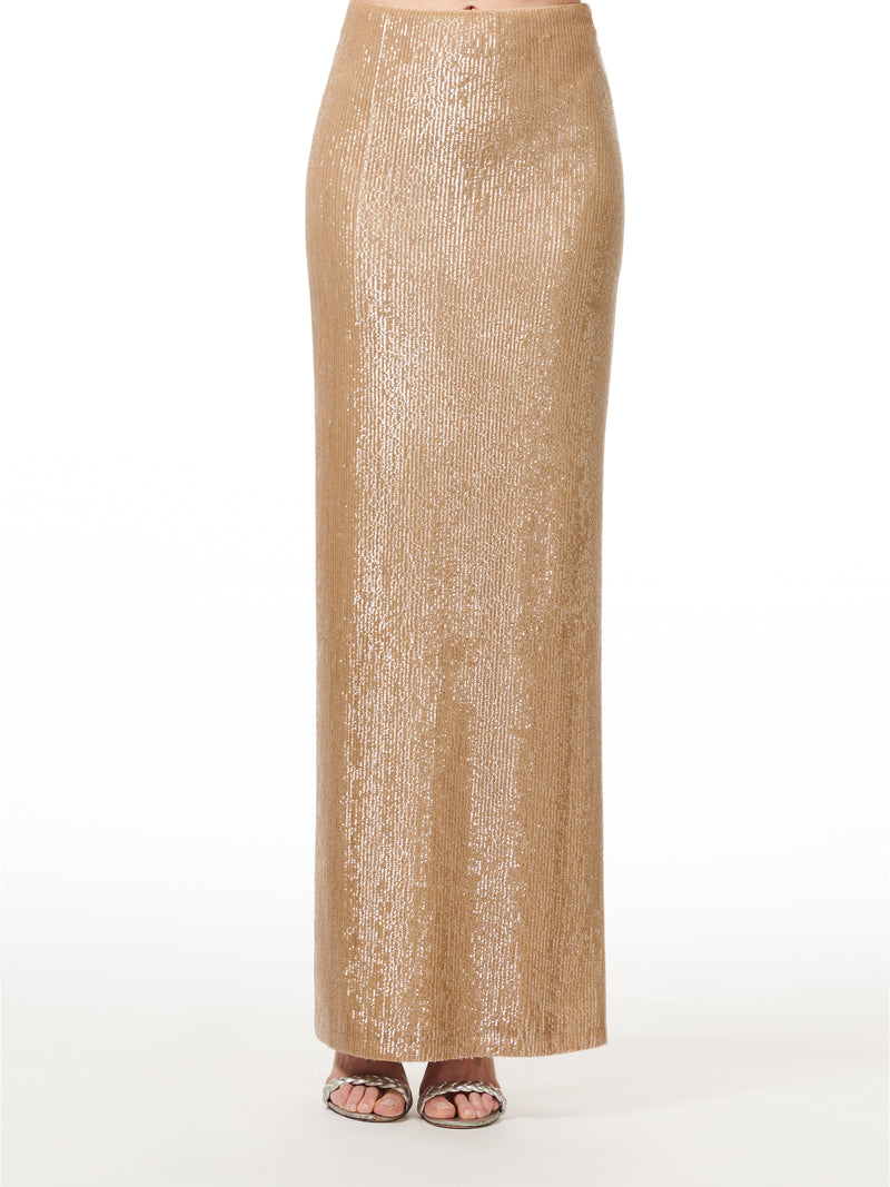 CHAMPAGNE LONG STRETCH SEQUIN COLUMN SKIRT