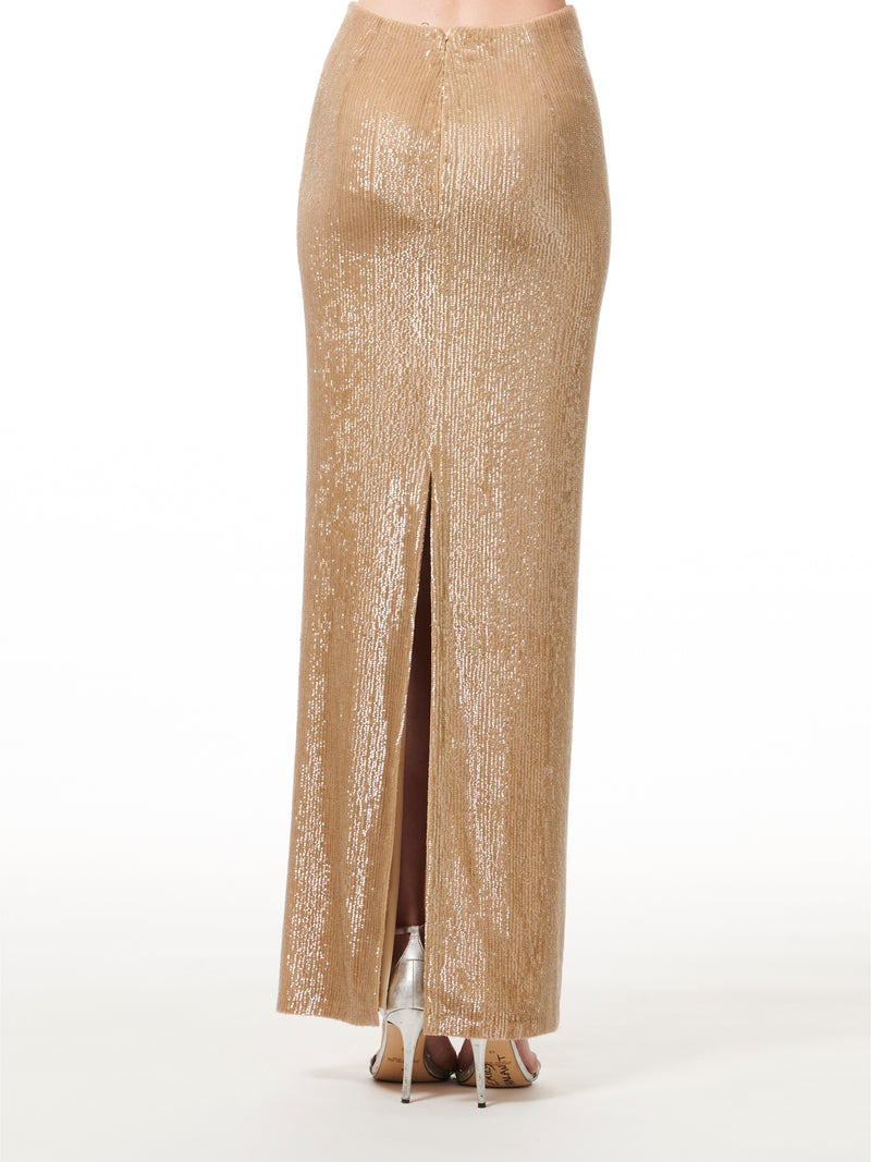 CHAMPAGNE LONG STRETCH SEQUIN COLUMN SKIRT