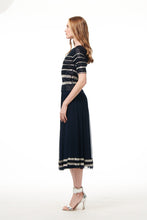 Load image into Gallery viewer, NAVY BEADED STRIPED PLEATED MESH MIDI SKIRT
