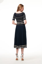 Load image into Gallery viewer, NAVY BEADED STRIPE  BATEAU ELBOW SLEEVE TOP
