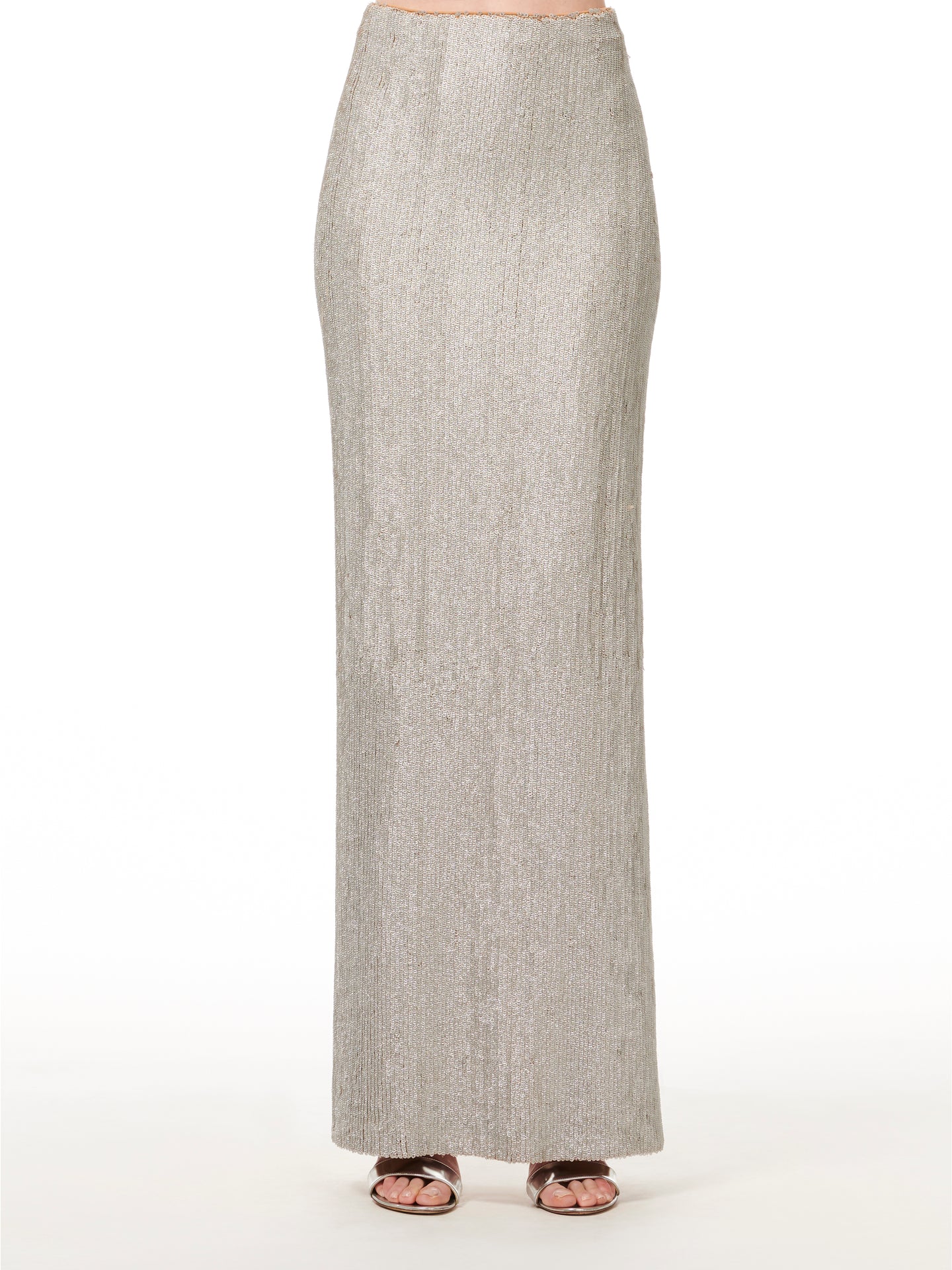 CRYSTALIZED STRETCH SEQUIN SILVER LONG PENCIL SKIRT