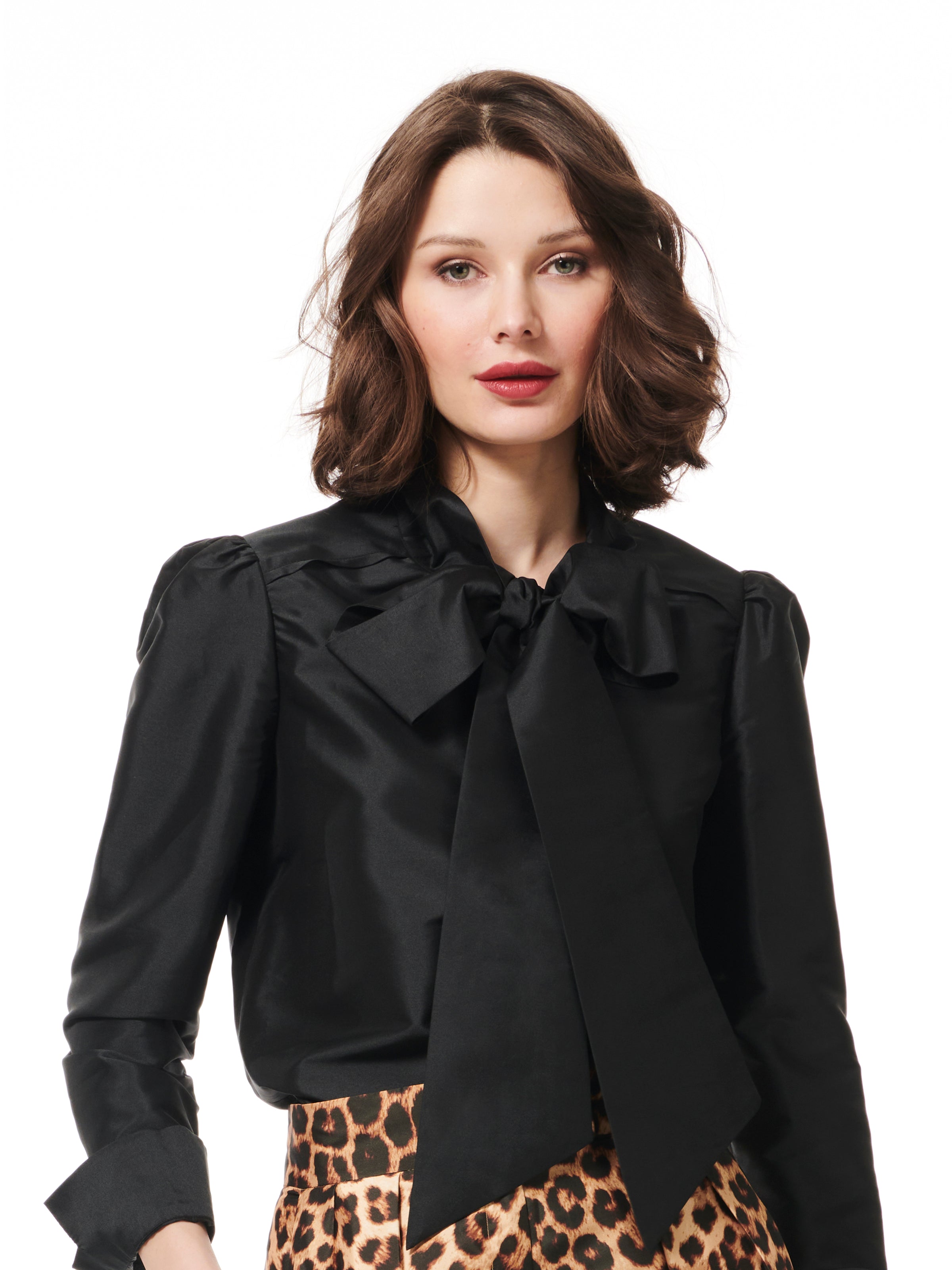 BLACK BOW TIE TAFFETA BLOUSE WITH JEWELED BUTTONS