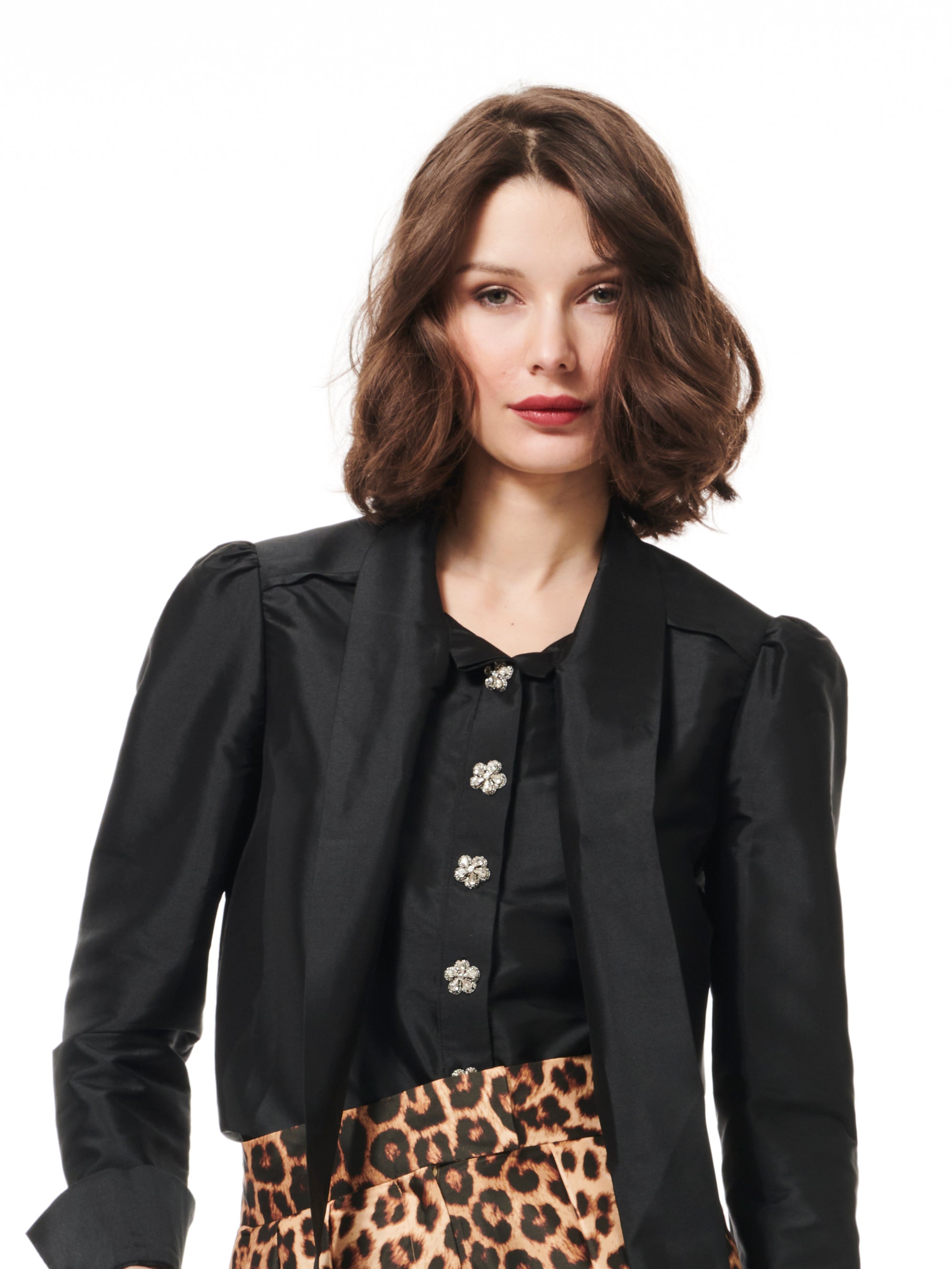 BLACK BOW TIE TAFFETA BLOUSE WITH JEWELED BUTTONS