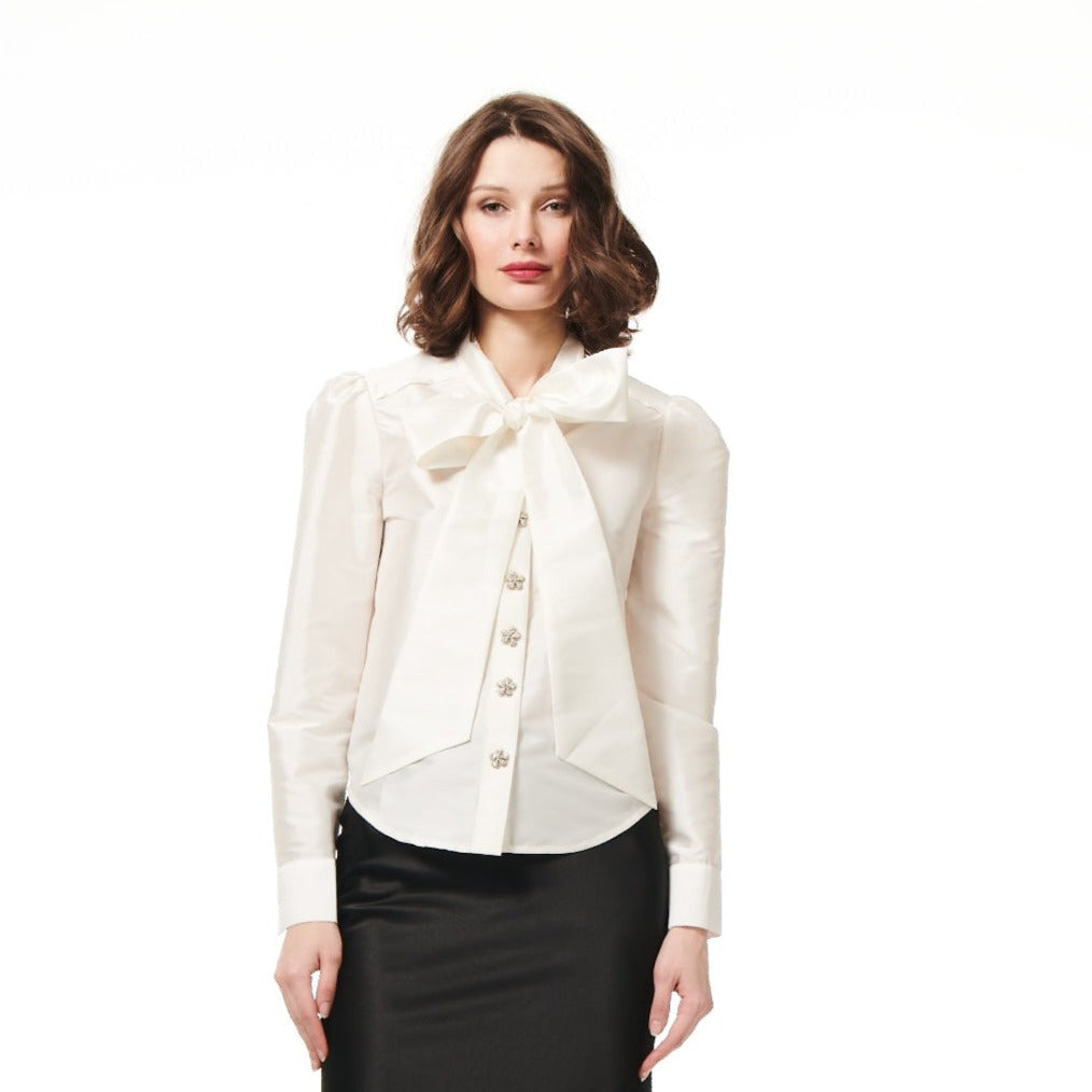 IVORY BOW TIE TAFFETA BLOUSE WITH JEWELED BUTTONS