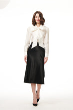 Load image into Gallery viewer, IVORY BOW TIE TAFFETA BLOUSE WITH JEWELED BUTTONS
