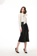 Load image into Gallery viewer, IVORY BOW TIE TAFFETA BLOUSE WITH JEWELED BUTTONS
