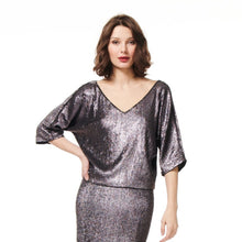 Load image into Gallery viewer, BLACK OPAL V-NECK SEQUIN DOLMAN SLOUCH TOP
