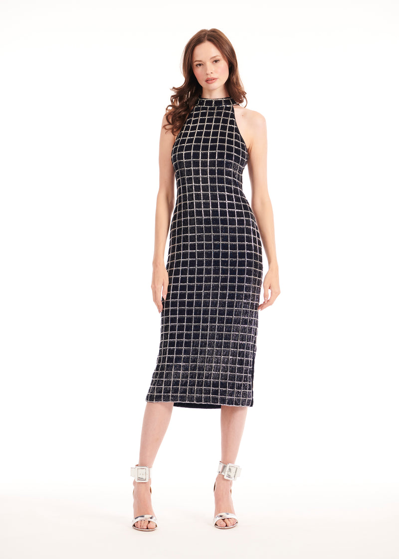 WINDOWPANE SEQUIN MOCK-NECK DRESS NAVY