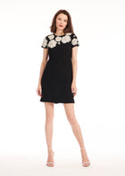 CREPE FLORAL APPLIQUE MINI A-LINE DRESS BLACK/IVORY