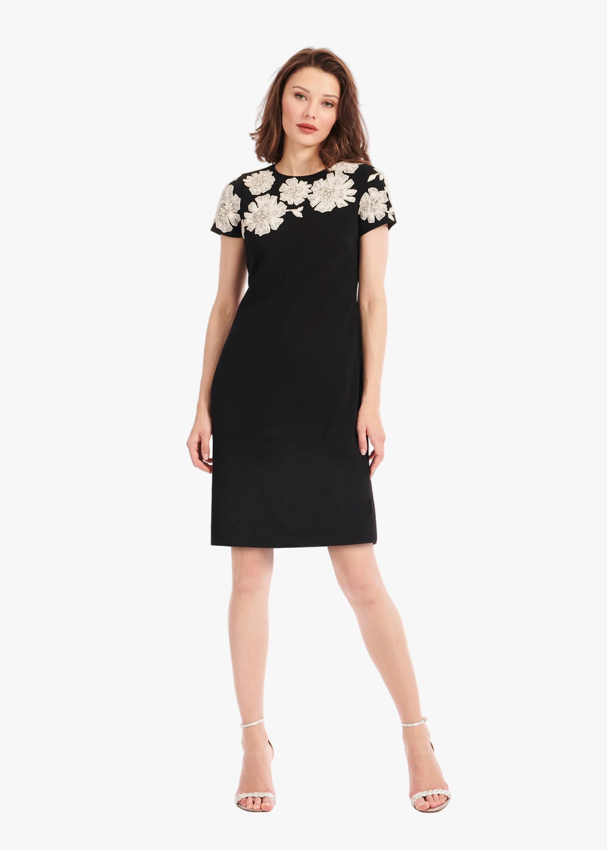 CREPE FLORAL APPLIQUE MINI A-LINE DRESS BLACK/IVORY 4 / BLACK/IVORY CREPE FLORAL APPLIQUE MINI A-LINE DRESS BLACK/IVORY 4 / BLACK/IVORY