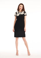 CREPE FLORAL APPLIQUE MINI A-LINE DRESS BLACK/IVORY