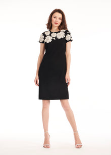 CREPE FLORAL APPLIQUE MINI A-LINE DRESS BLACK/IVORY