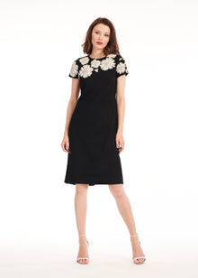 CREPE FLORAL APPLIQUE MINI A-LINE DRESS BLACK/IVORY