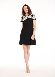 CREPE FLORAL APPLIQUE MINI A-LINE DRESS BLACK/IVORY