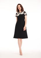 CREPE FLORAL APPLIQUE MINI A-LINE DRESS BLACK/IVORY
