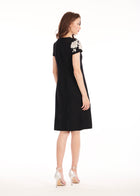 CREPE FLORAL APPLIQUE MINI A-LINE DRESS BLACK/IVORY