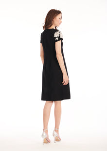 CREPE FLORAL APPLIQUE MINI A-LINE DRESS BLACK/IVORY