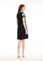 CREPE FLORAL APPLIQUE MINI A-LINE DRESS BLACK/IVORY