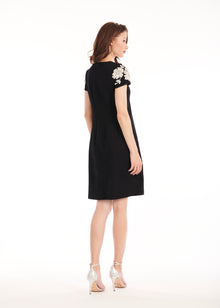 CREPE FLORAL APPLIQUE MINI A-LINE DRESS BLACK/IVORY