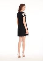 CREPE FLORAL APPLIQUE MINI A-LINE DRESS BLACK/IVORY