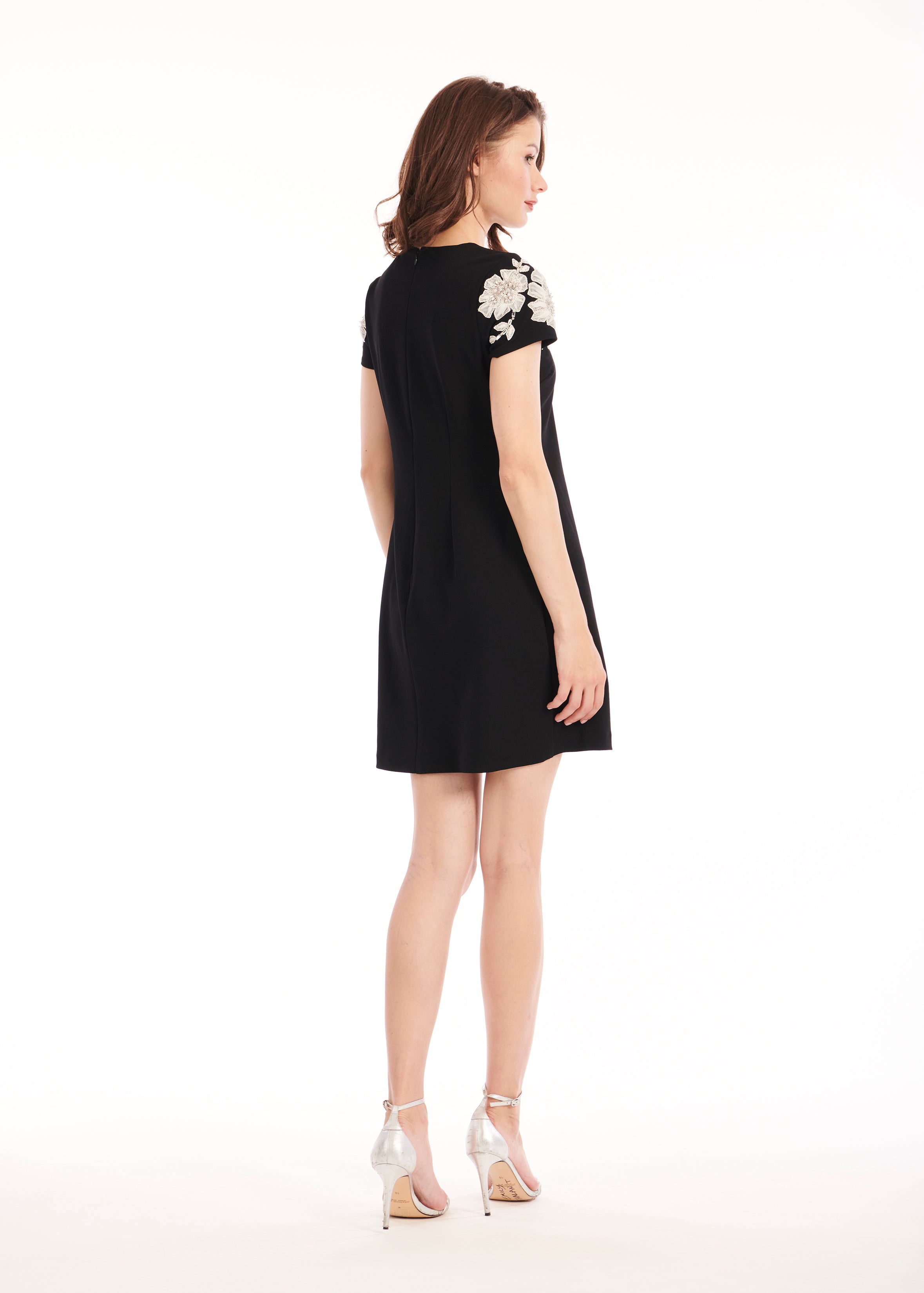 CREPE FLORAL APPLIQUE MINI A-LINE DRESS BLACK/IVORY